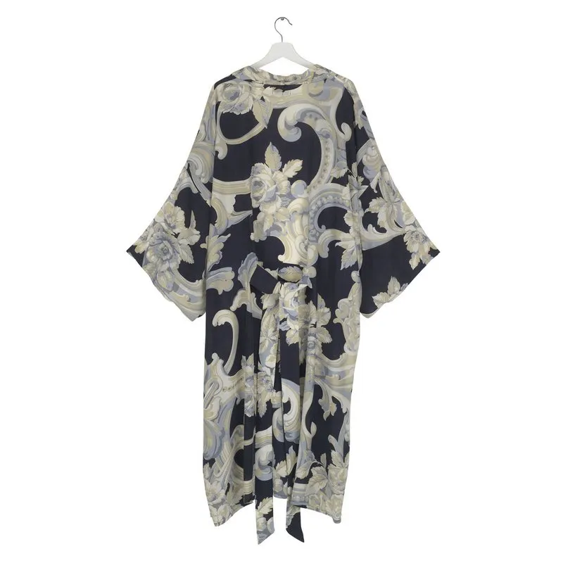 Long Crepe Kimono Plaster Roses Midnight