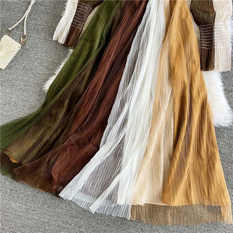 Long sleeves Mesh Dress POLO Collar Large Swing Dress 997