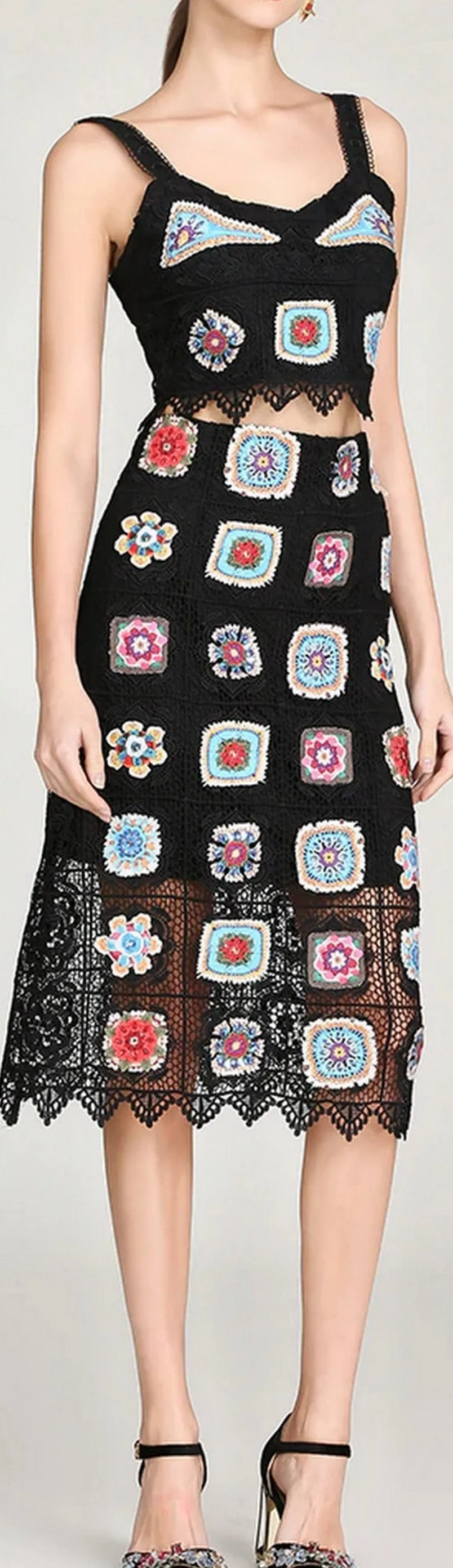 Macrame Top and Skirt Set with Patchwork