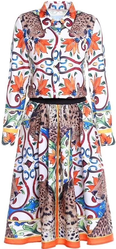 Majolica & Leopard Print Shirt & Knee-Length Skirt Set