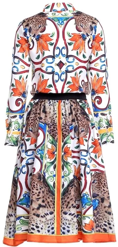 Majolica & Leopard Print Shirt & Knee-Length Skirt Set