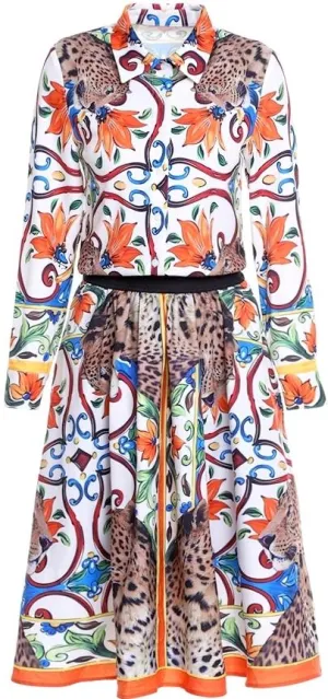 Majolica & Leopard Print Shirt & Knee-Length Skirt Set