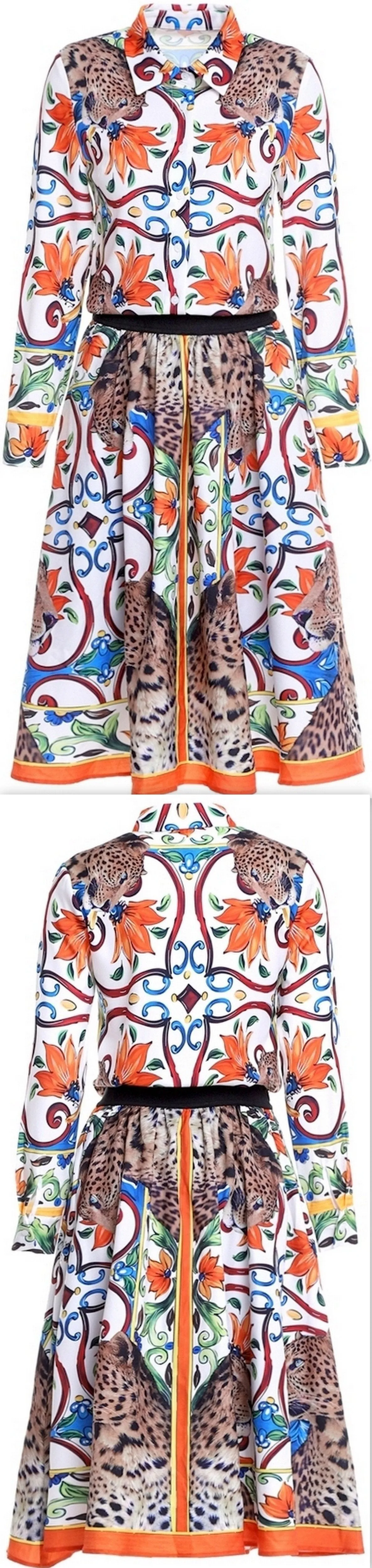 Majolica & Leopard Print Shirt & Knee-Length Skirt Set