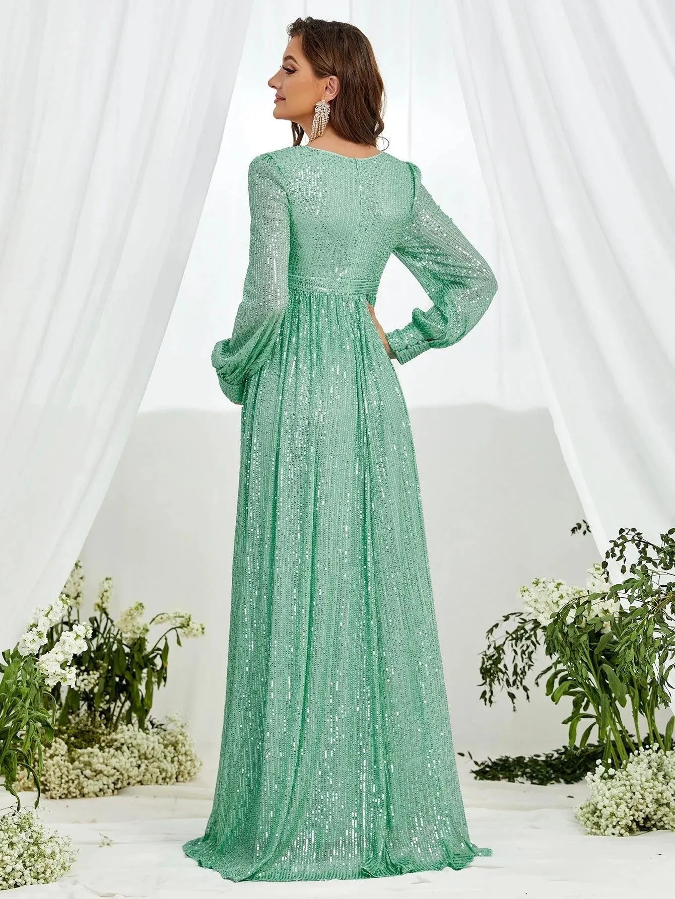 Maternity V Neck Lantern Sleeve Sequin Formal Dress