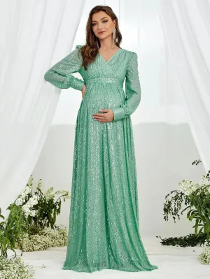 Maternity V Neck Lantern Sleeve Sequin Formal Dress