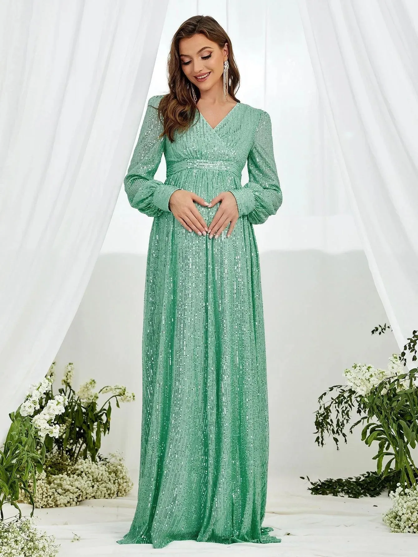 Maternity V Neck Lantern Sleeve Sequin Formal Dress