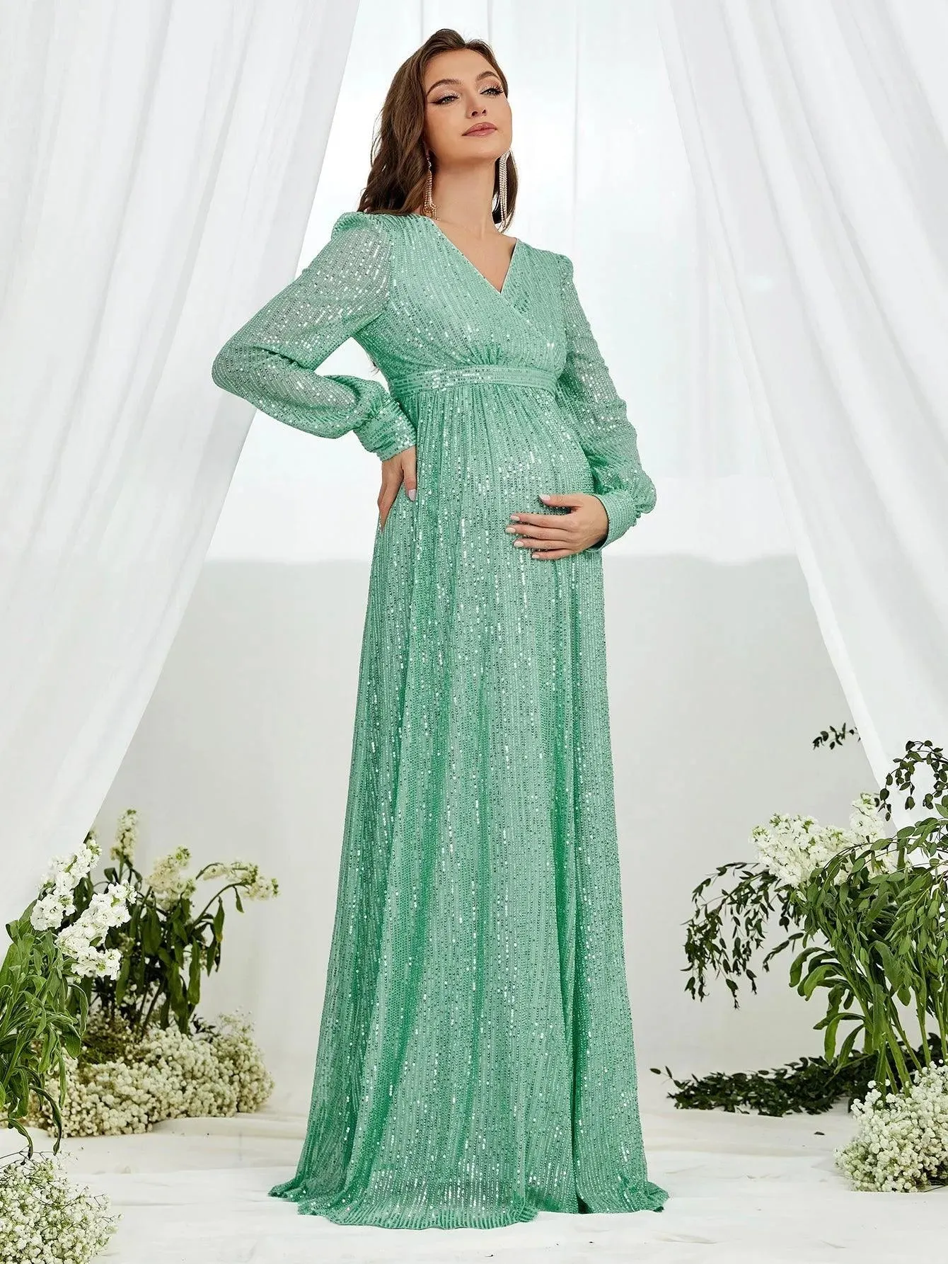 Maternity V Neck Lantern Sleeve Sequin Formal Dress