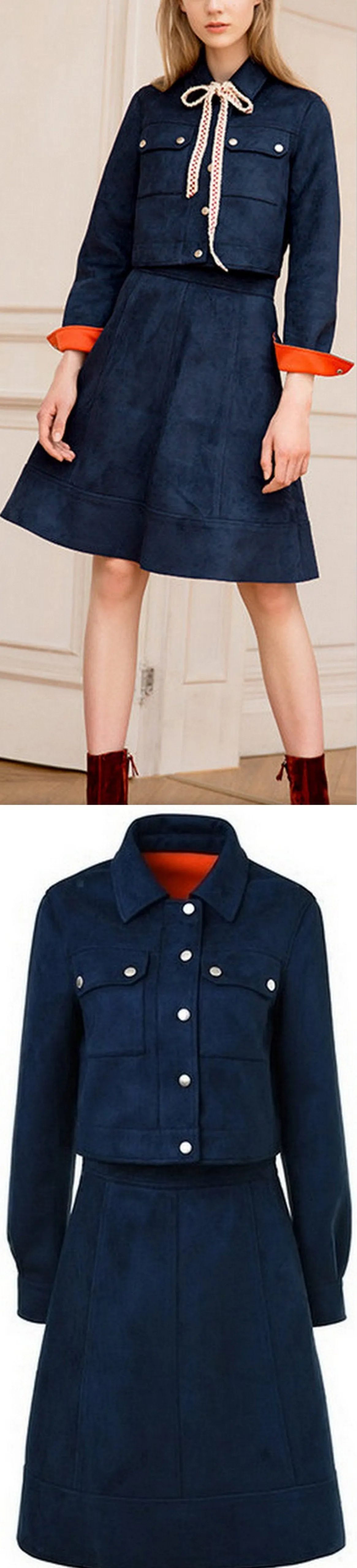 Matte Color-Contrast Jacket & Skirt Set