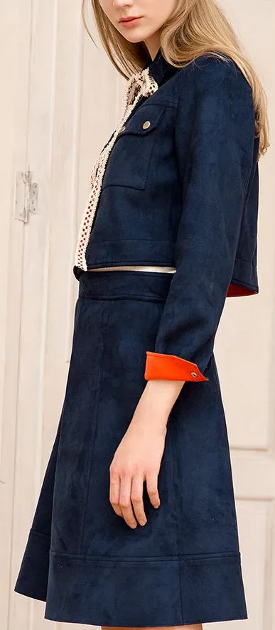 Matte Color-Contrast Jacket & Skirt Set