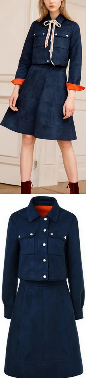 Matte Color-Contrast Jacket & Skirt Set