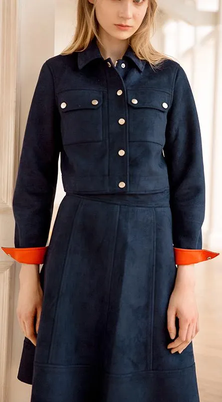 Matte Color-Contrast Jacket & Skirt Set