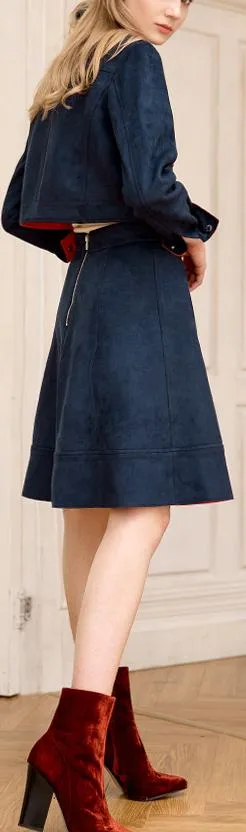 Matte Color-Contrast Jacket & Skirt Set