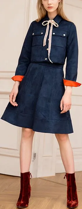 Matte Color-Contrast Jacket & Skirt Set
