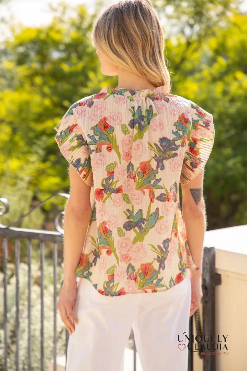 Milagros Pleated Sleeve Ruffle Neck Print Top