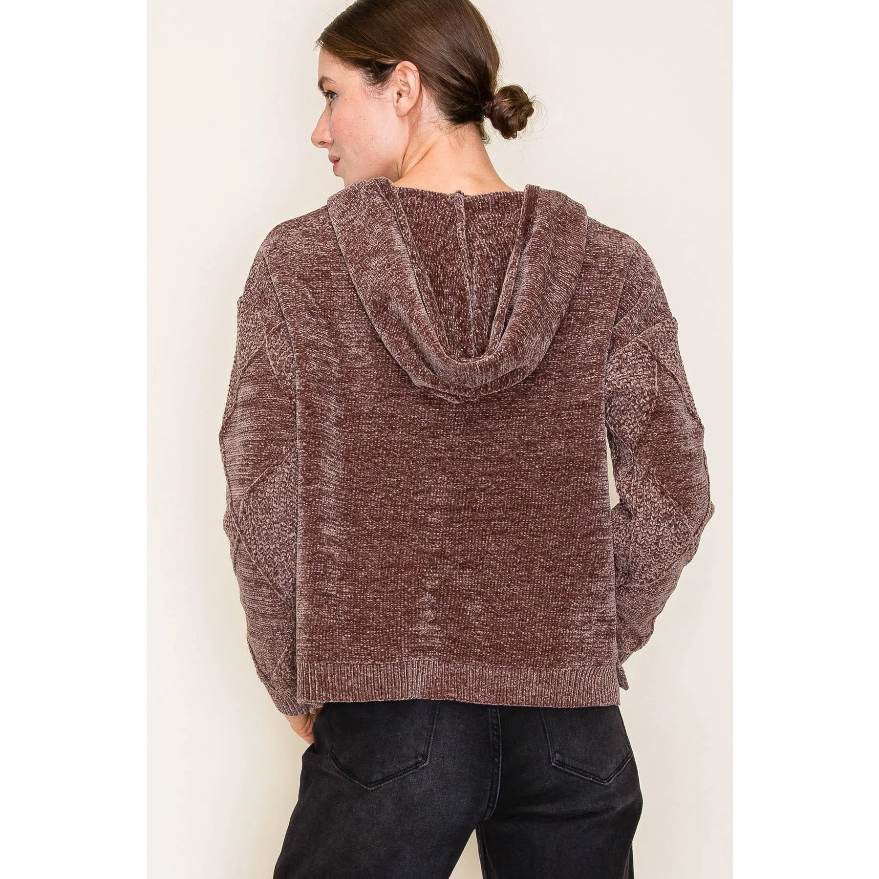 Mocha Textured Chenille Yarn Super Cozy Sweater Hoodie