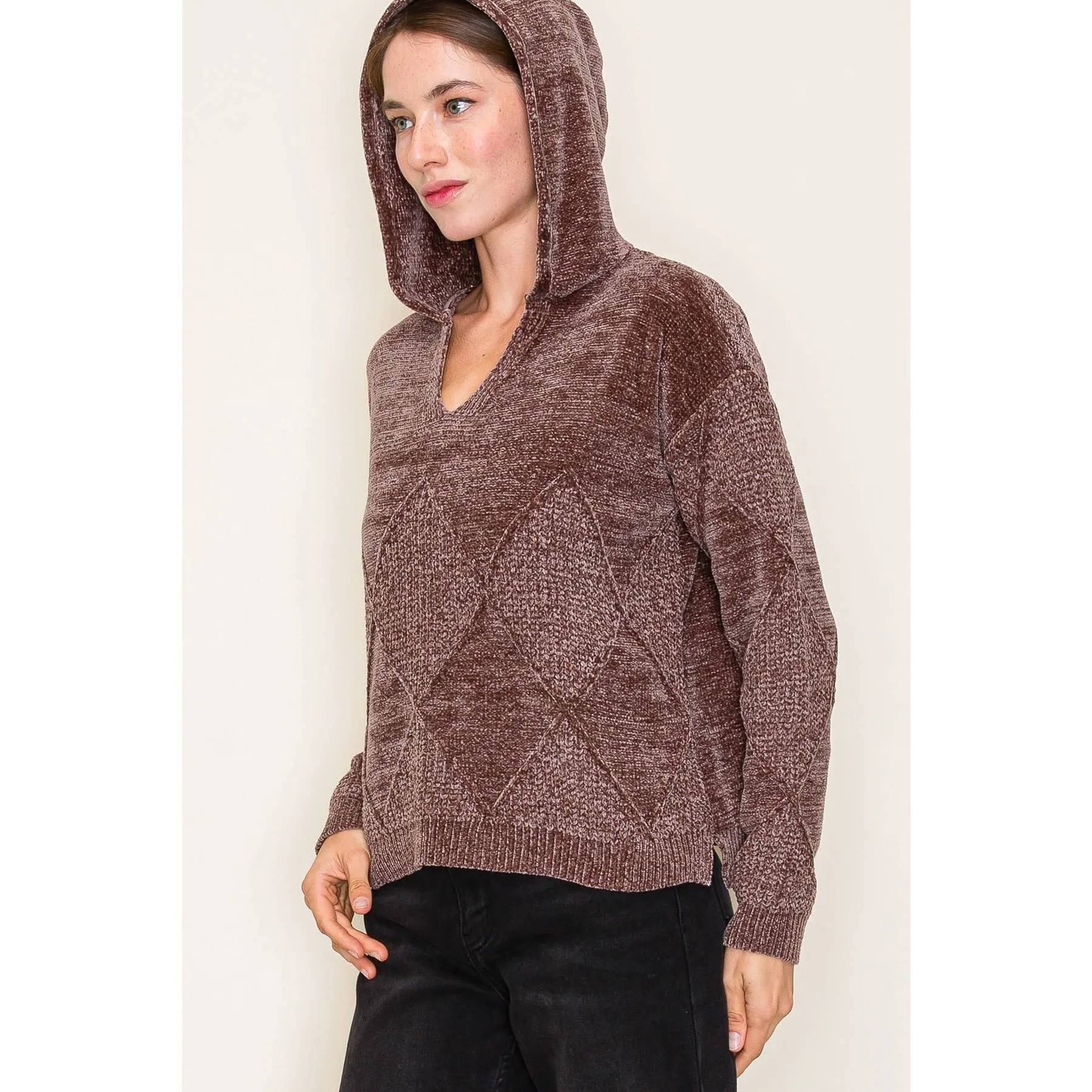 Mocha Textured Chenille Yarn Super Cozy Sweater Hoodie
