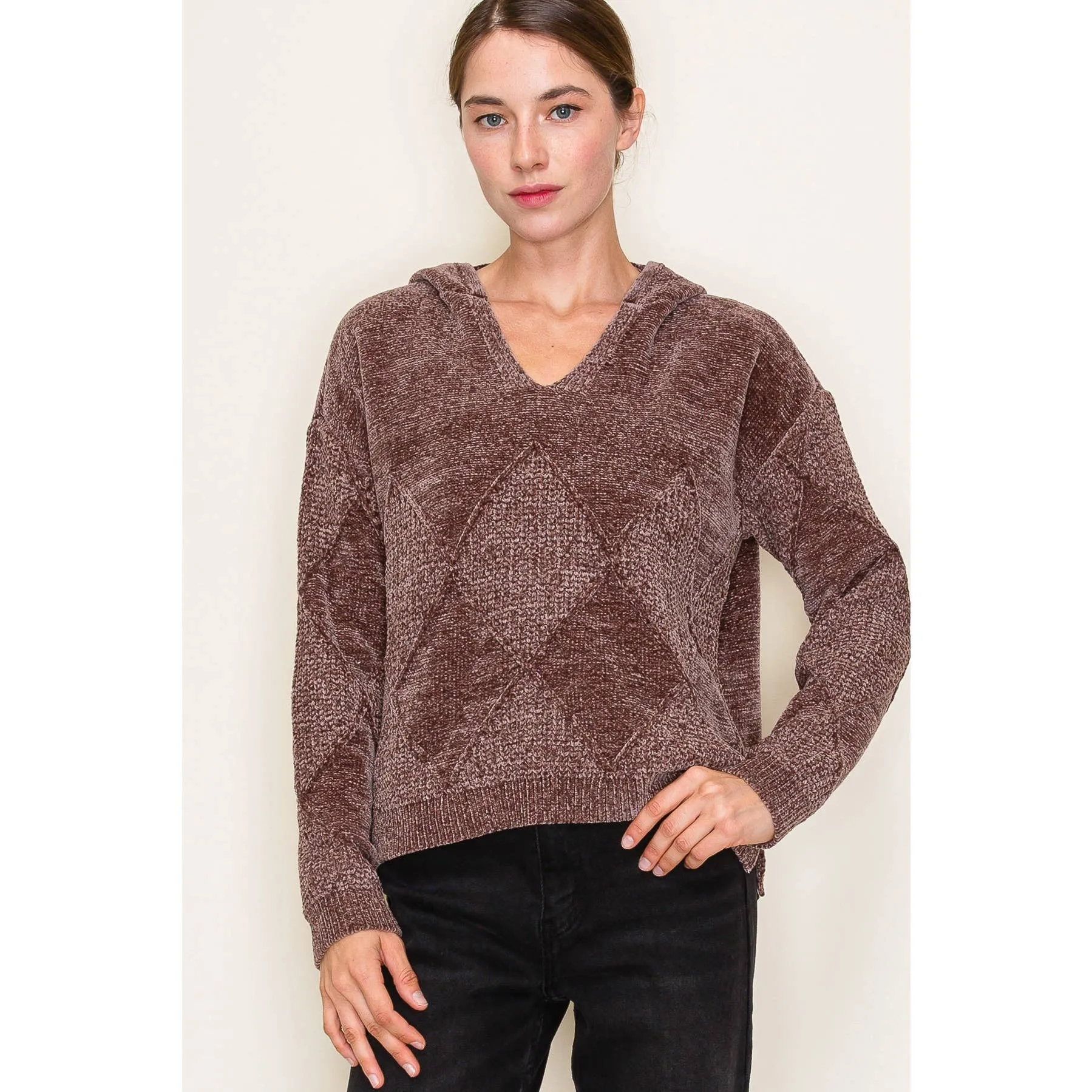 Mocha Textured Chenille Yarn Super Cozy Sweater Hoodie