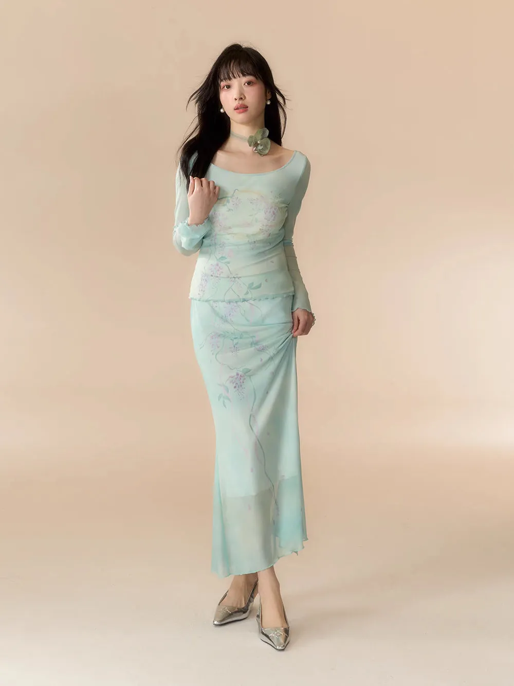 MUKTANK X LOUMUTAKU "Wisteria Summer" Hand-painted Purple and Green Vine One-shoulder Elastic Suit Violet Skirt