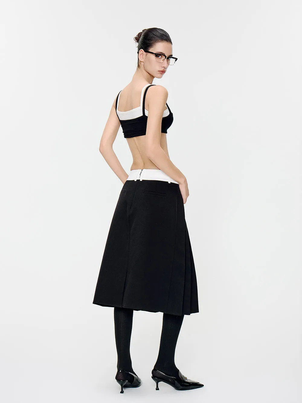 MUKTANK×MODULER Waistband Patchwork Drawstring Pleated Midi Skirt