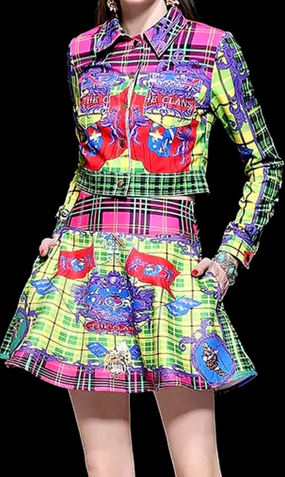 Multi Colored Plaid Jacket and Mini Skirt Set
