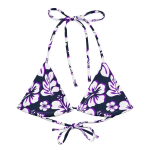 Navy Blue, Purple and White Hawaiian Flowers String Bikini Top