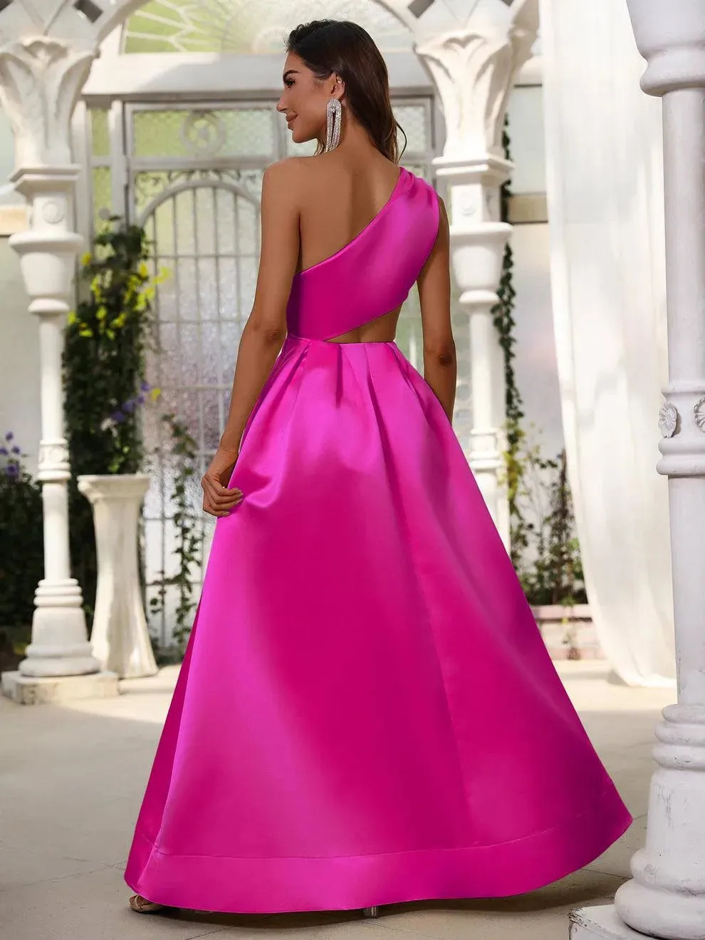 One Shoulder Cut Out Waist Satin Prom Dress