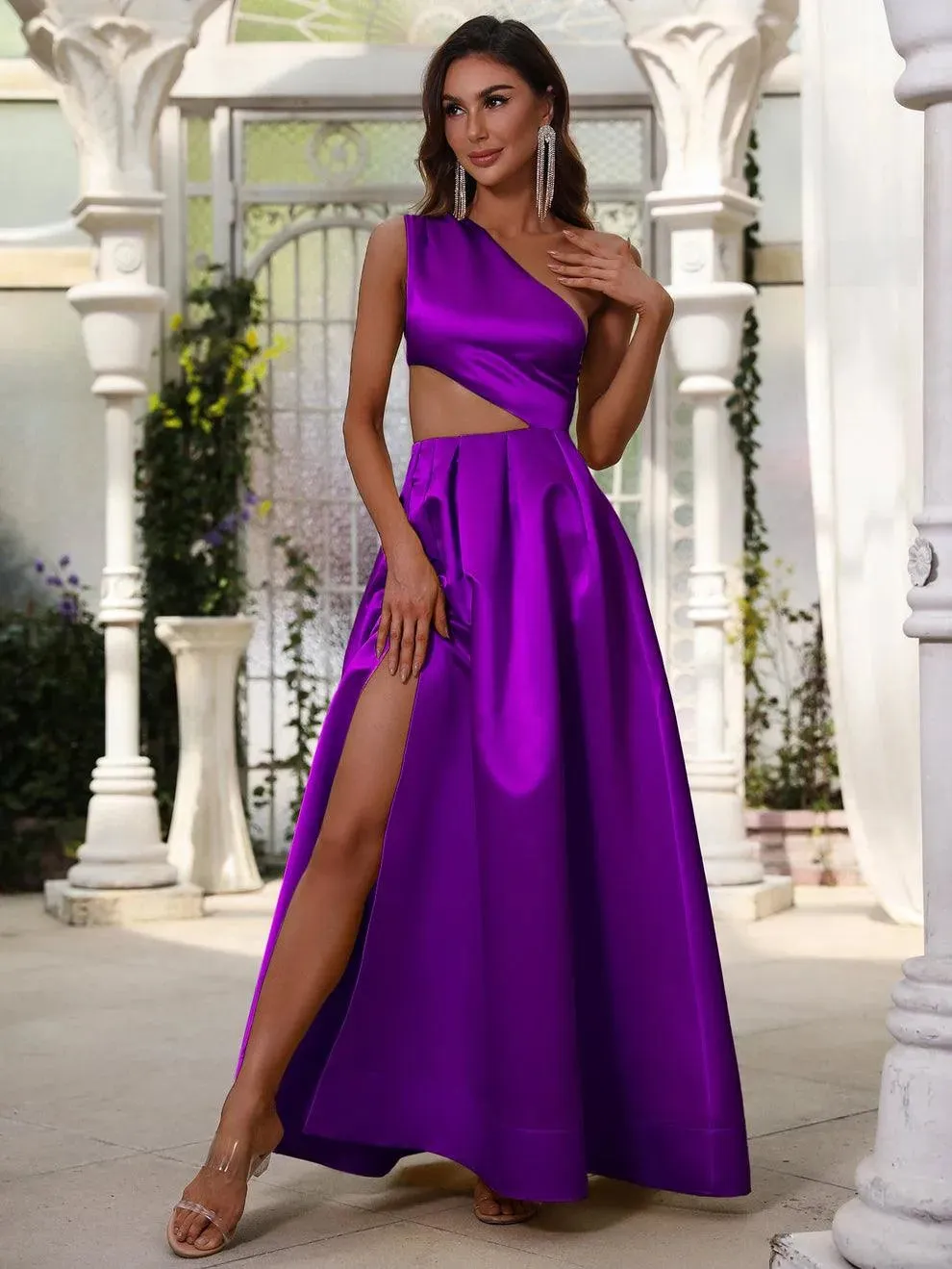 One Shoulder Cut Out Waist Satin Prom Dress