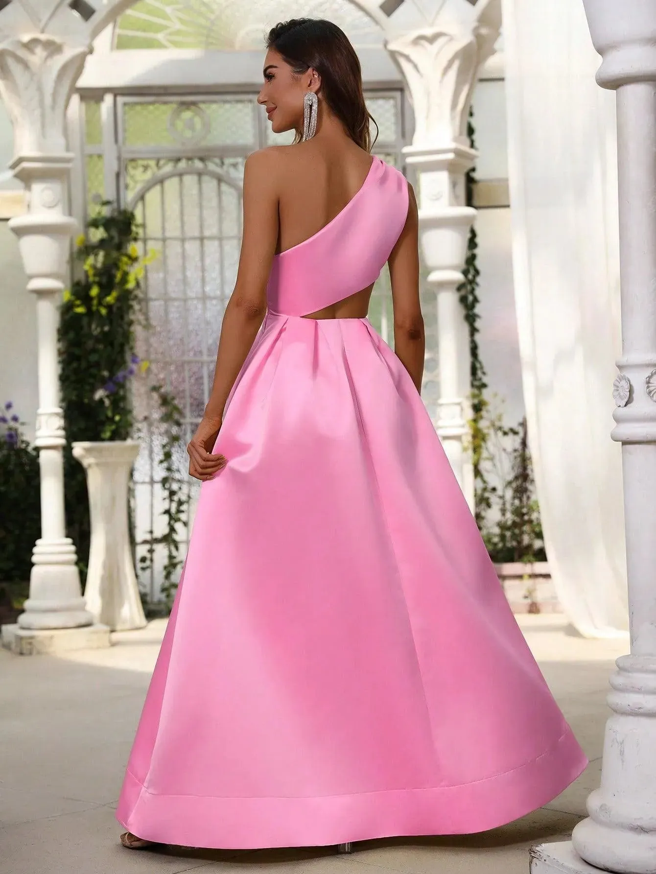 One Shoulder Cut Out Waist Satin Prom Dress