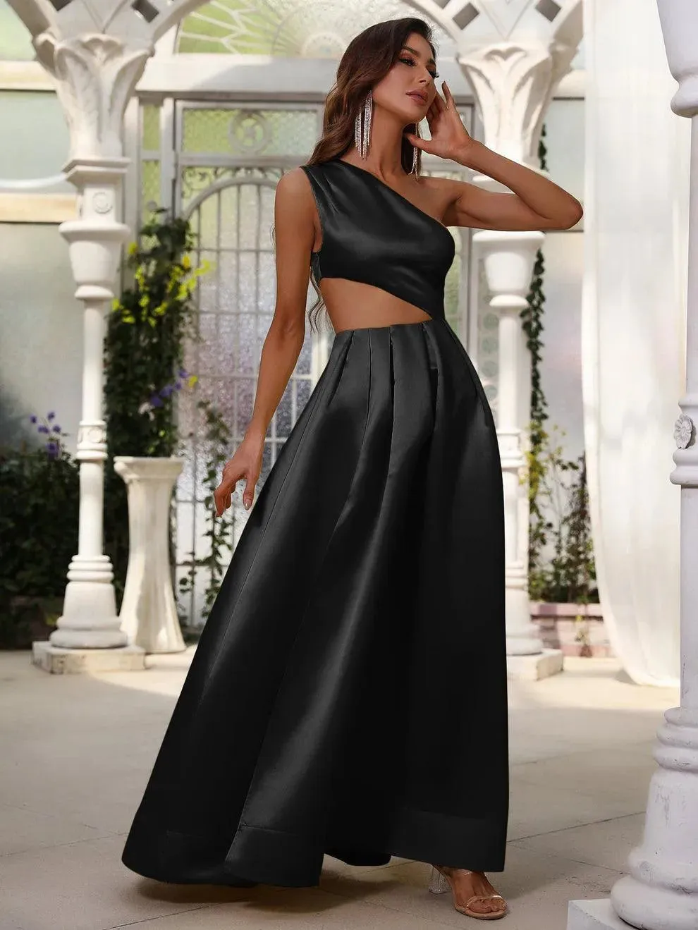 One Shoulder Cut Out Waist Satin Prom Dress