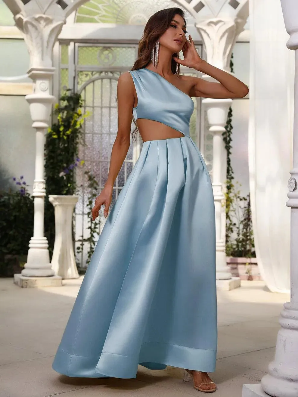 One Shoulder Cut Out Waist Satin Prom Dress