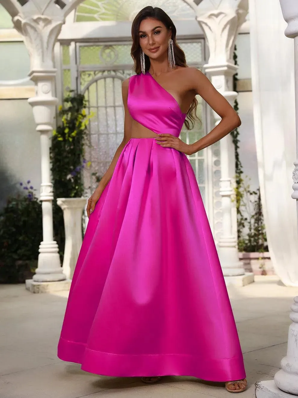 One Shoulder Cut Out Waist Satin Prom Dress