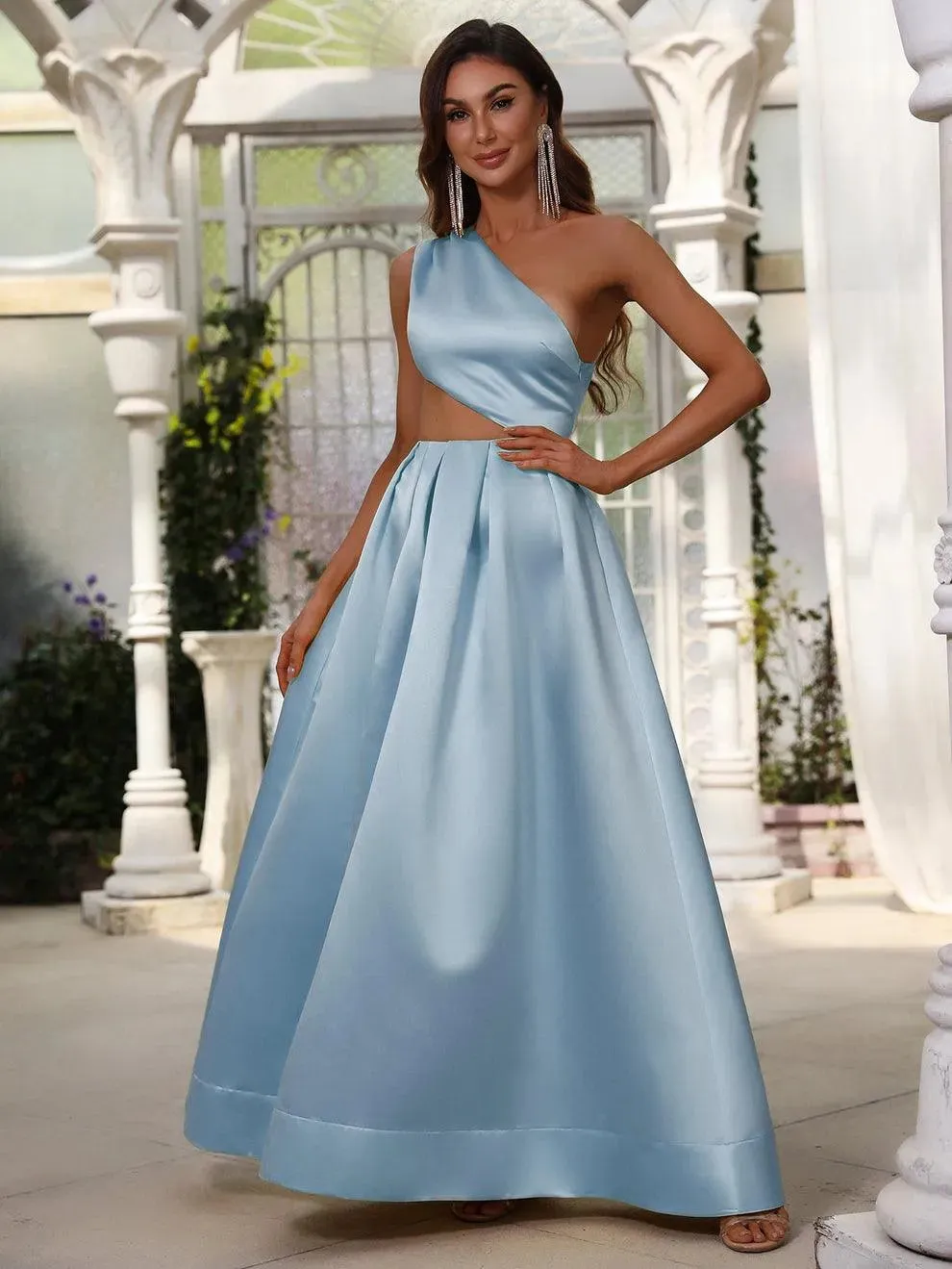 One Shoulder Cut Out Waist Satin Prom Dress