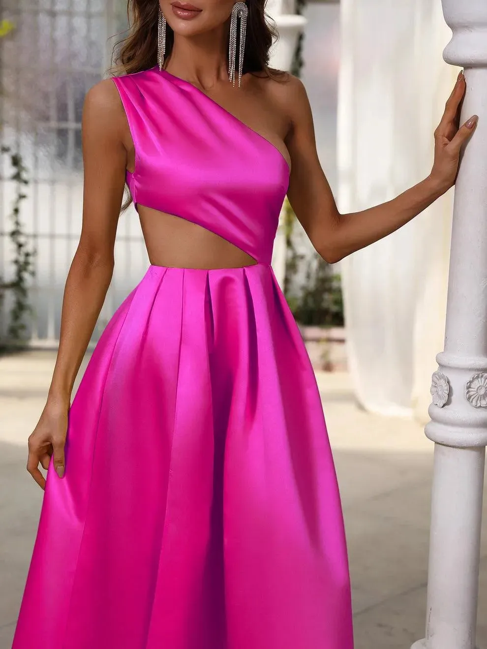 One Shoulder Cut Out Waist Satin Prom Dress