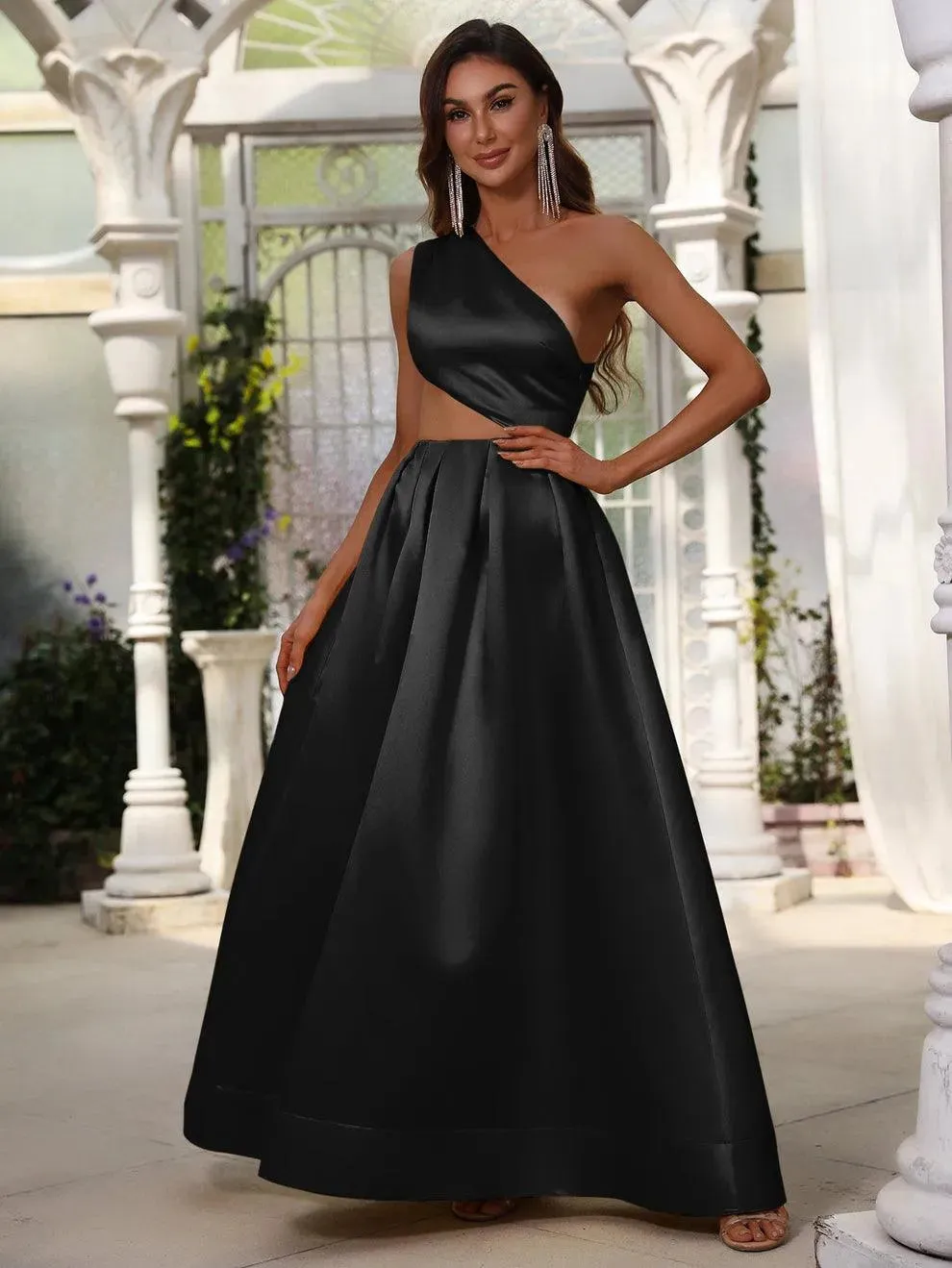 One Shoulder Cut Out Waist Satin Prom Dress