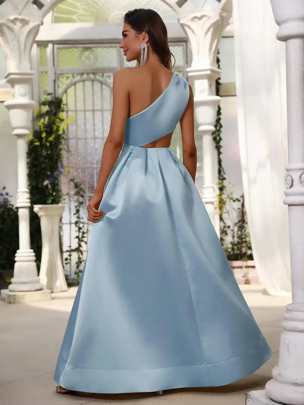 One Shoulder Cut Out Waist Satin Prom Dress