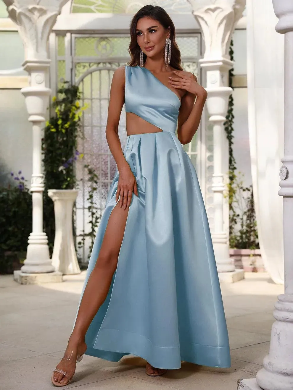 One Shoulder Cut Out Waist Satin Prom Dress