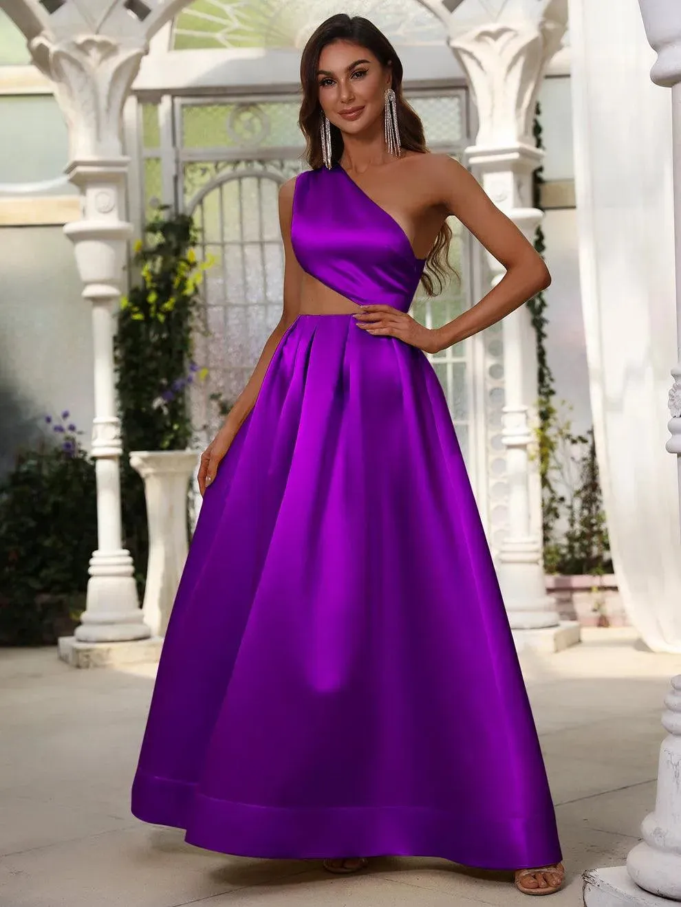 One Shoulder Cut Out Waist Satin Prom Dress
