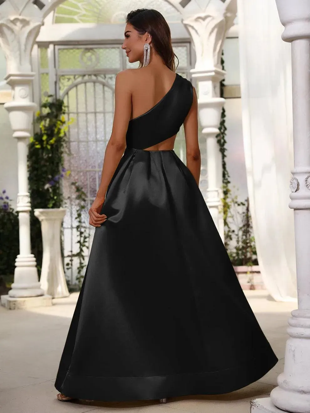 One Shoulder Cut Out Waist Satin Prom Dress
