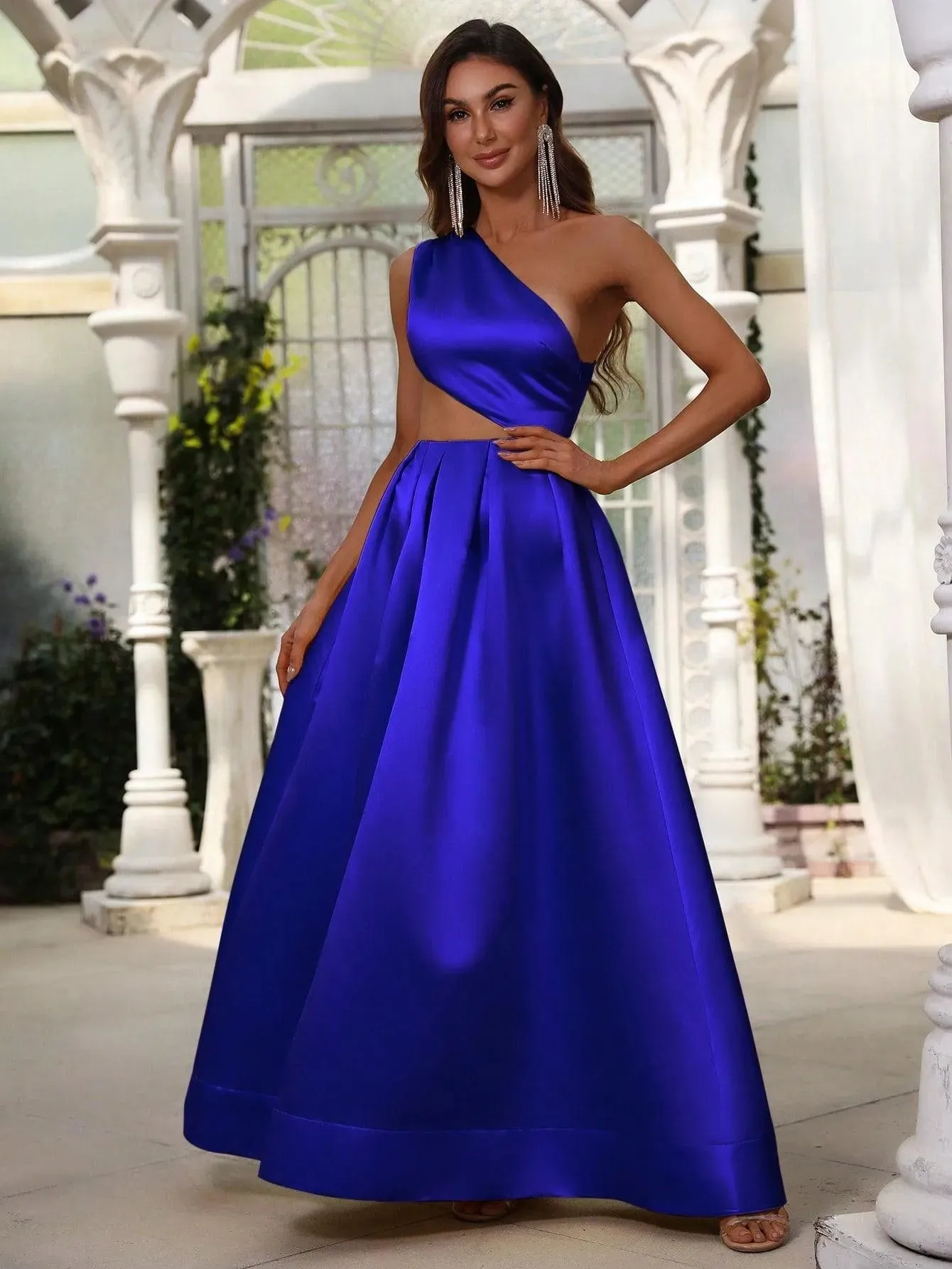 One Shoulder Cut Out Waist Satin Prom Dress