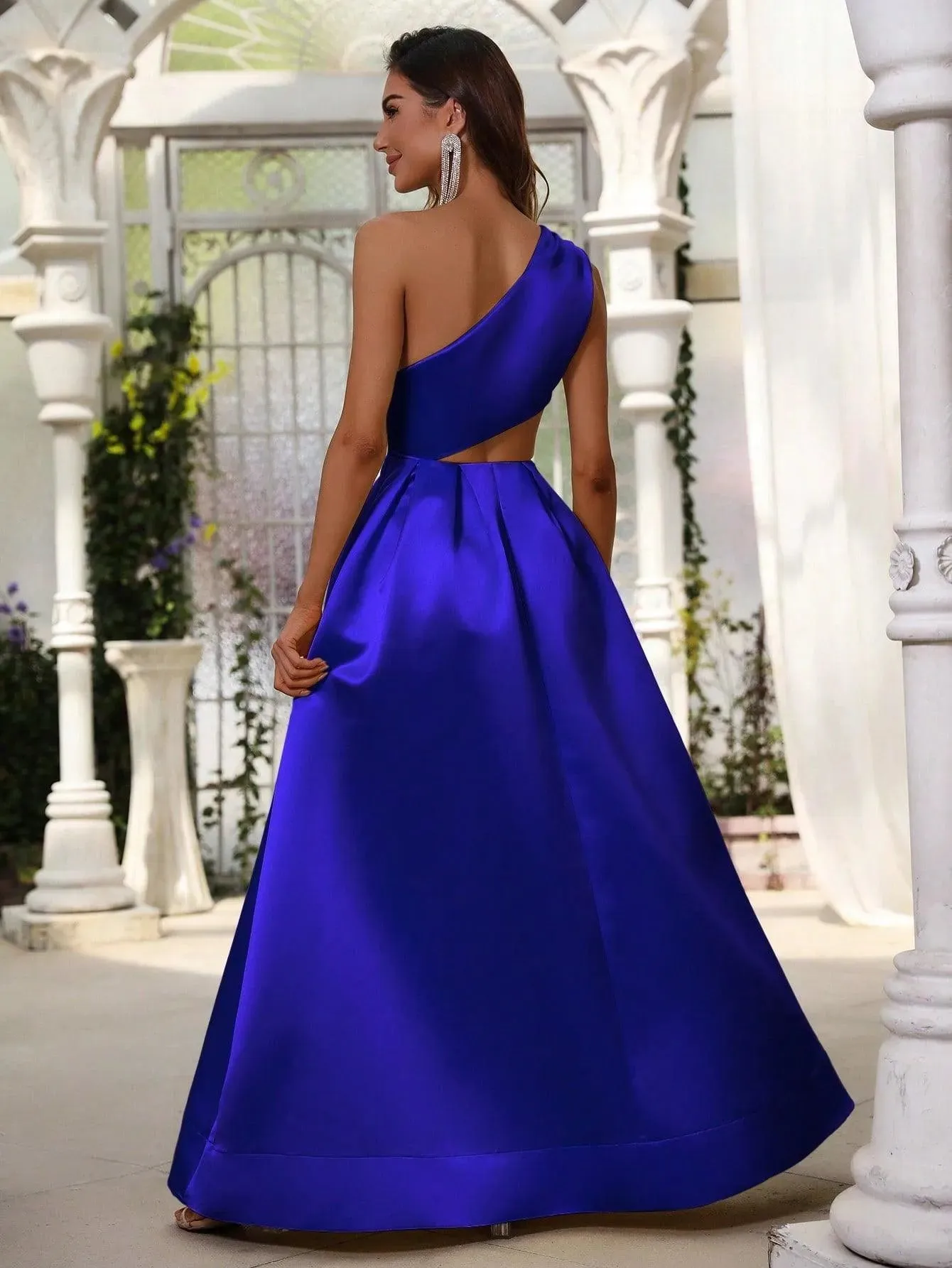 One Shoulder Cut Out Waist Satin Prom Dress