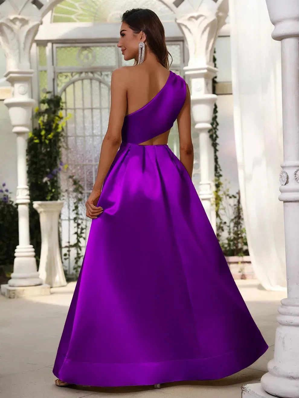 One Shoulder Cut Out Waist Satin Prom Dress