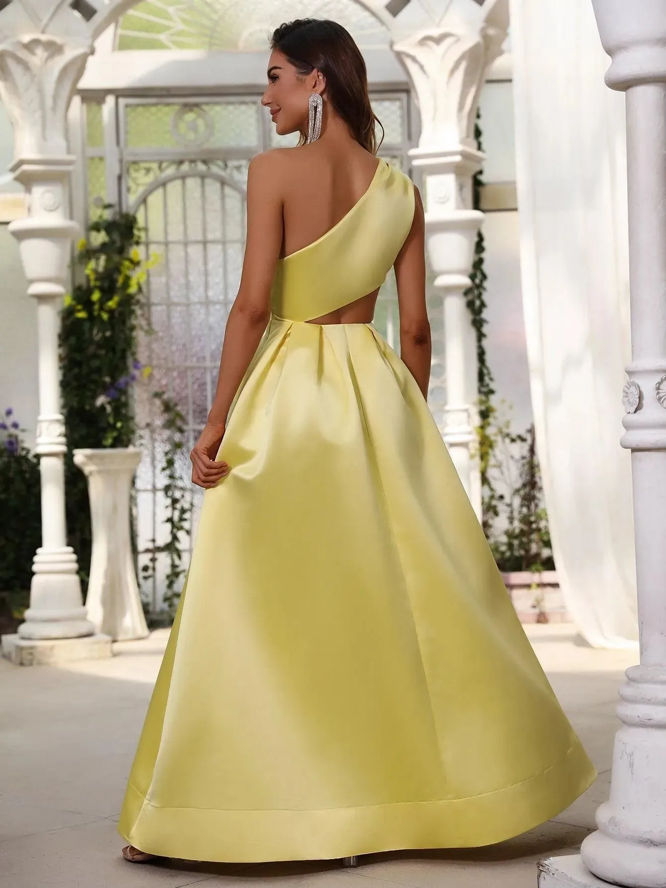 One Shoulder Cut Out Waist Satin Prom Dress