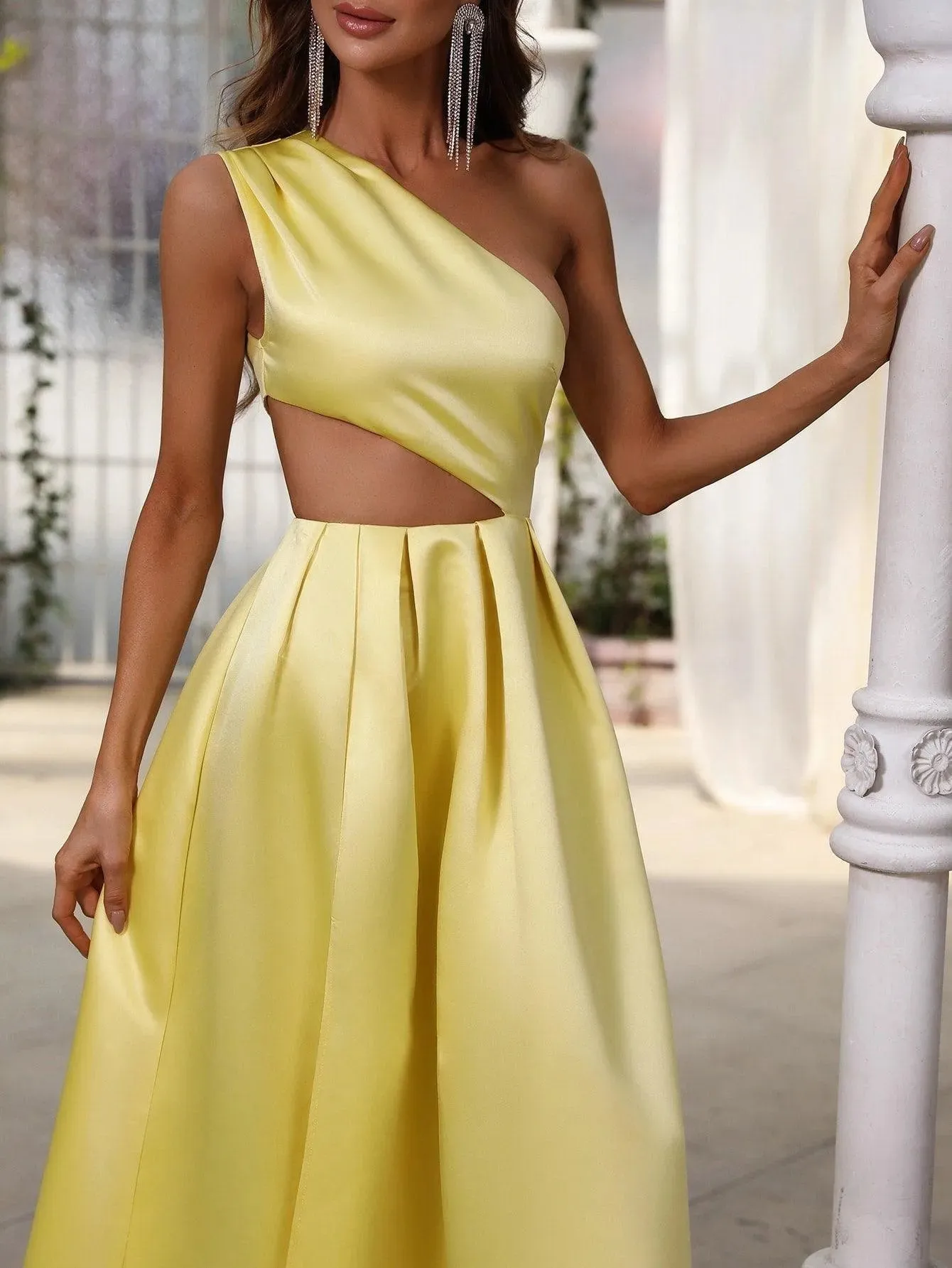 One Shoulder Cut Out Waist Satin Prom Dress