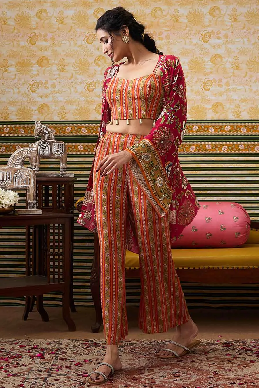 Orange & Pink Mehr Co-Ord Set with Kimono Jacket