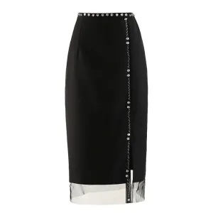 Patchwork Diamond Split Midi Skirt For Women High Waist A Line Mesh Hem Casual Skirts Female Clothes Summer Fashion