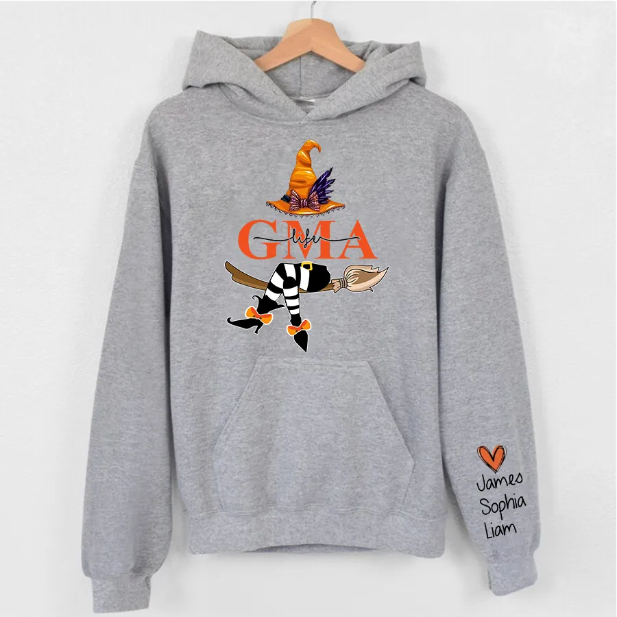 Personalized Nana Life Witch Halloween Shirt, Custom Grandma With Grandkids Name On The Sleeve Halloween Hoodie, Gift for her
