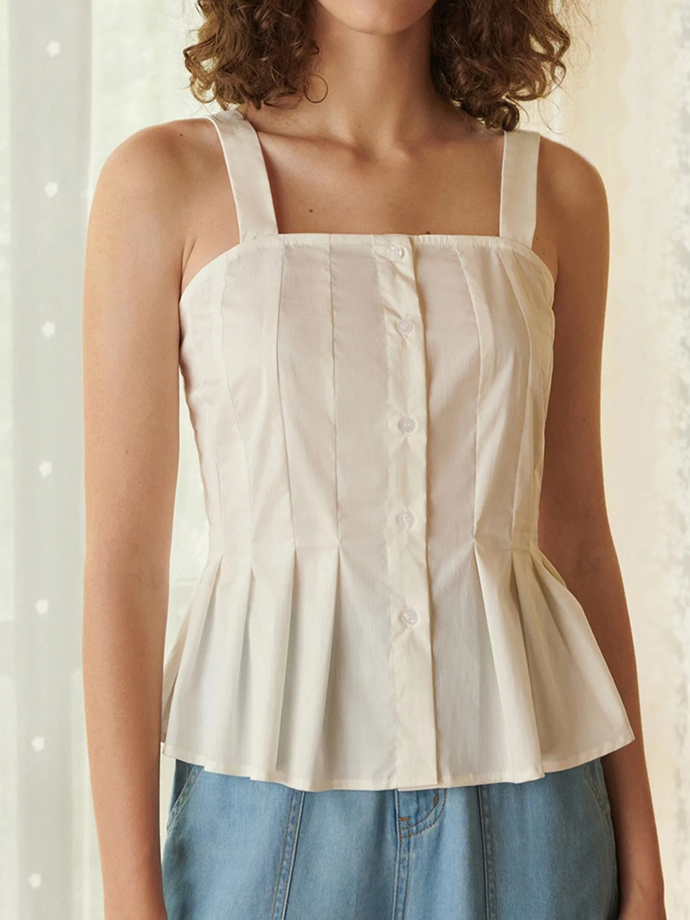 Plicated Ruffle Hem Straps Top