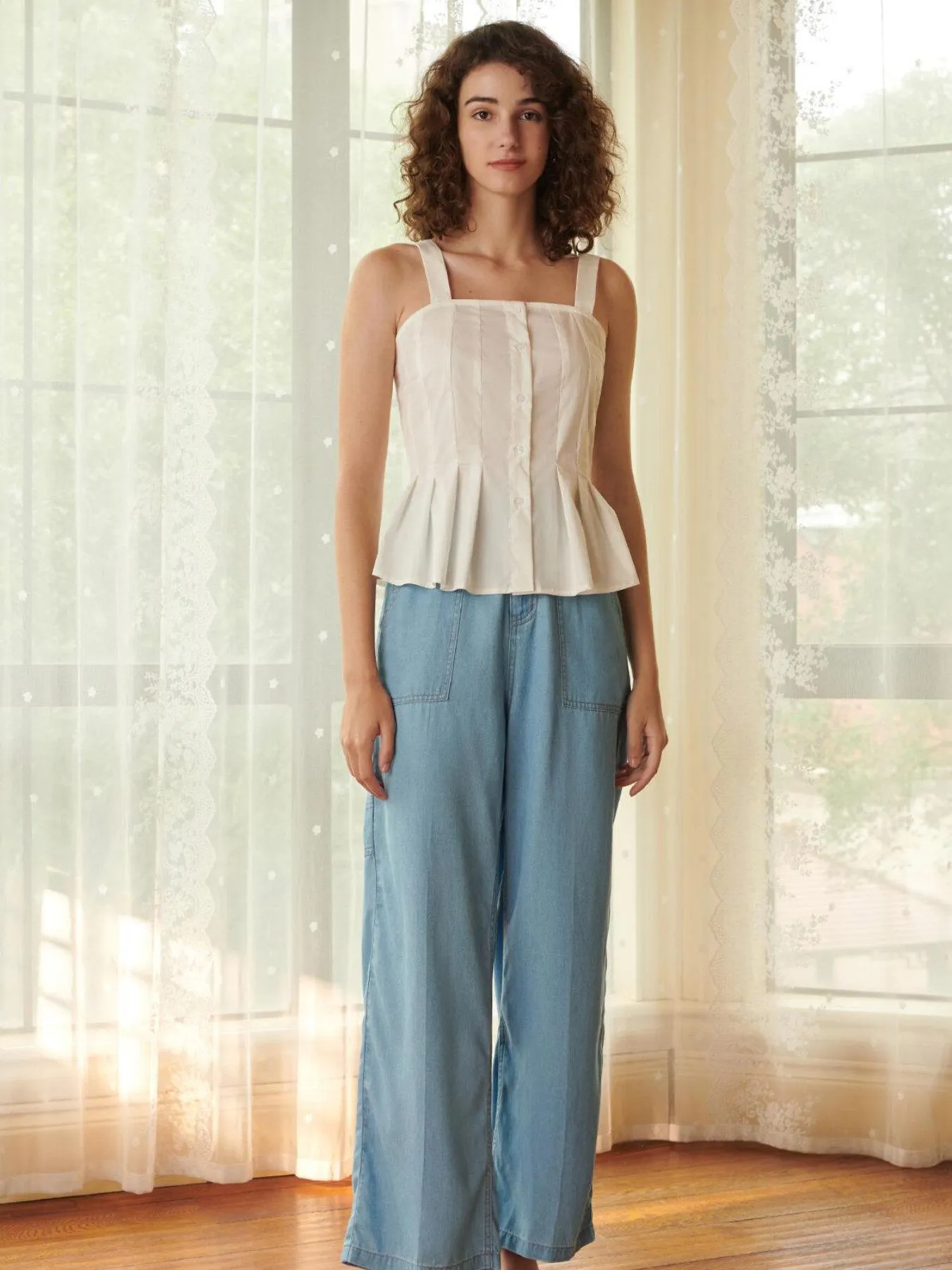 Plicated Ruffle Hem Straps Top