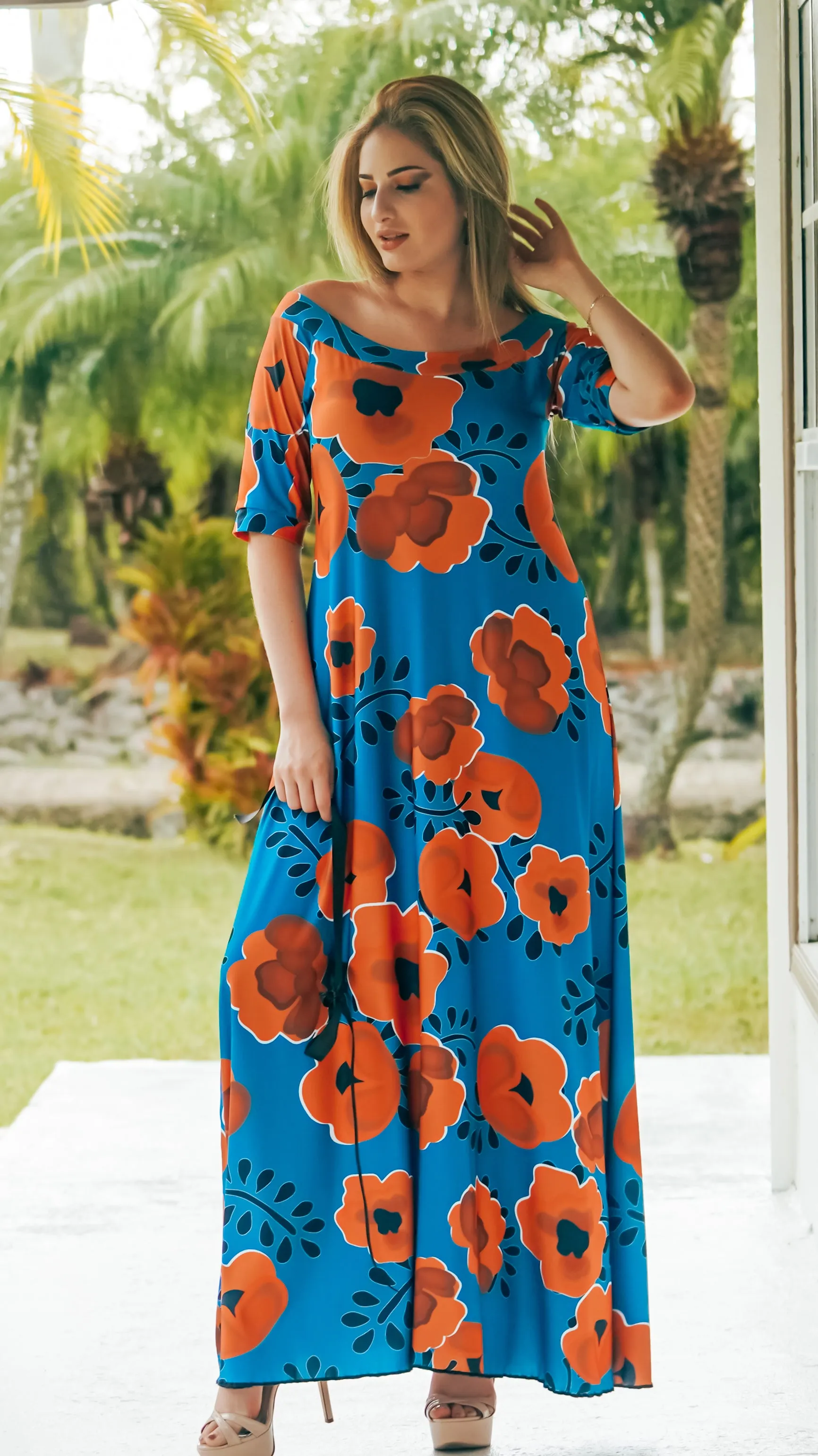 "Summer Blooms" Valeria Long Dress, Orange Blooms