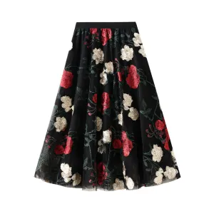 Retro High Waist Embroidered Flower Skirt Sweet Mesh Mid Length Fairy Skirt 759